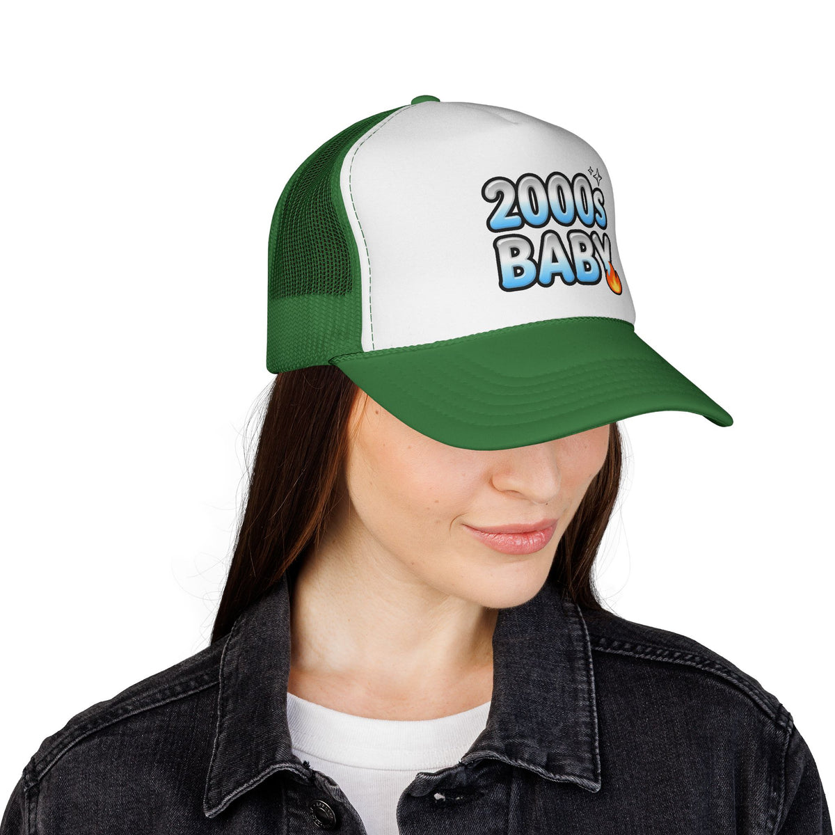 Y2K Bubble Bliss Trucker Hat - Chrome Gradient '2000s Baby' Graphic