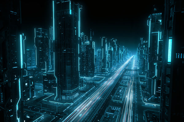 Futuristic Cyberpunk City Metal Print Wall Art - Neon Blue Tech Decor - Decal View