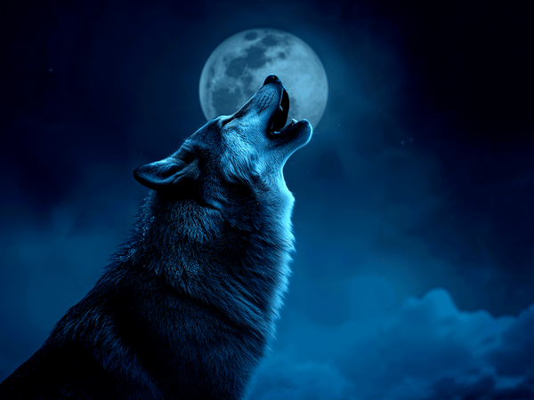 Grey wolf howling at moon he