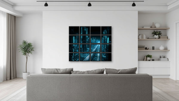 Futuristic Cyberpunk City Metal Print Wall Art - Neon Blue Tech Decor