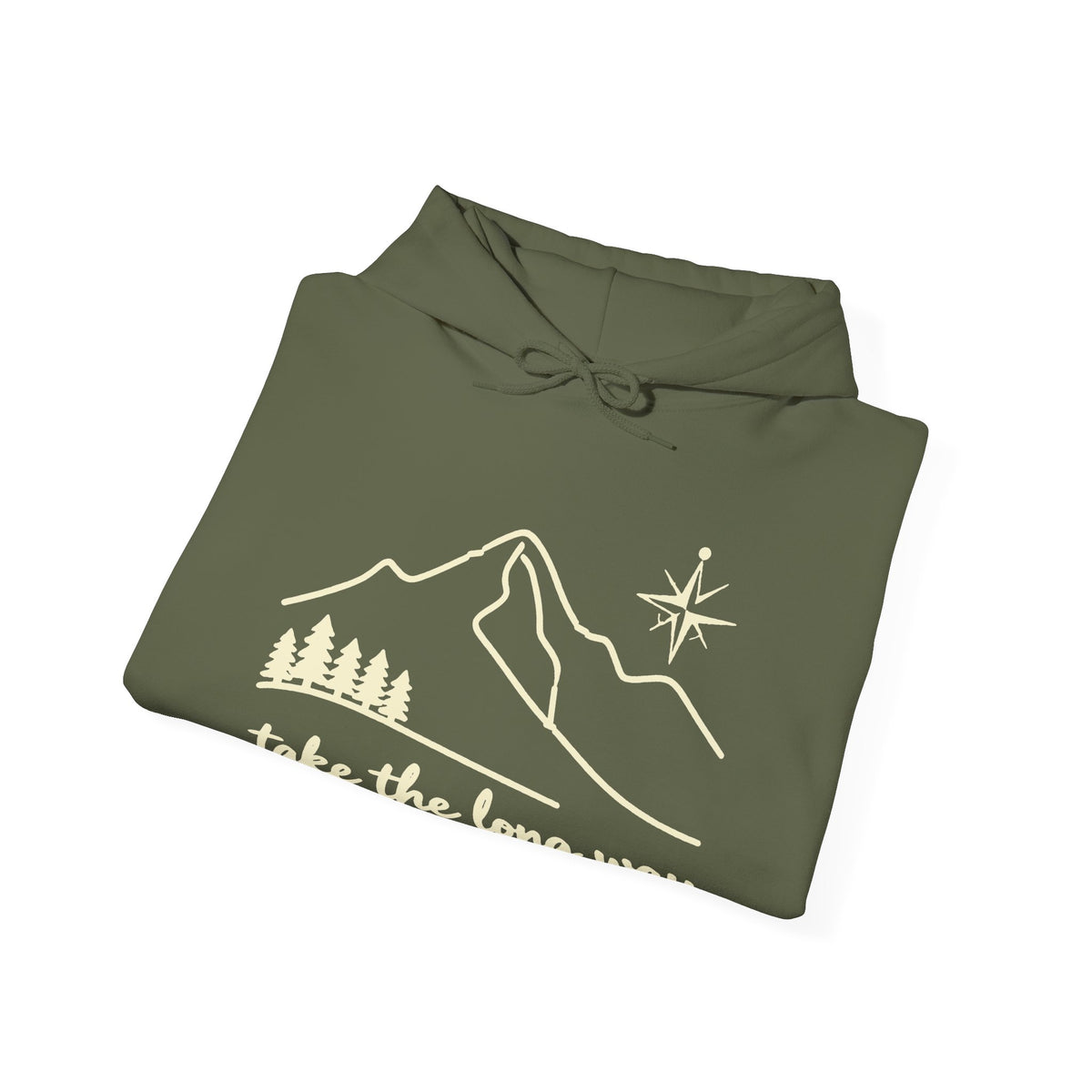 Take The Long Way Trail Line-Art Hoodie - Earthy Olive Adventure Graphic