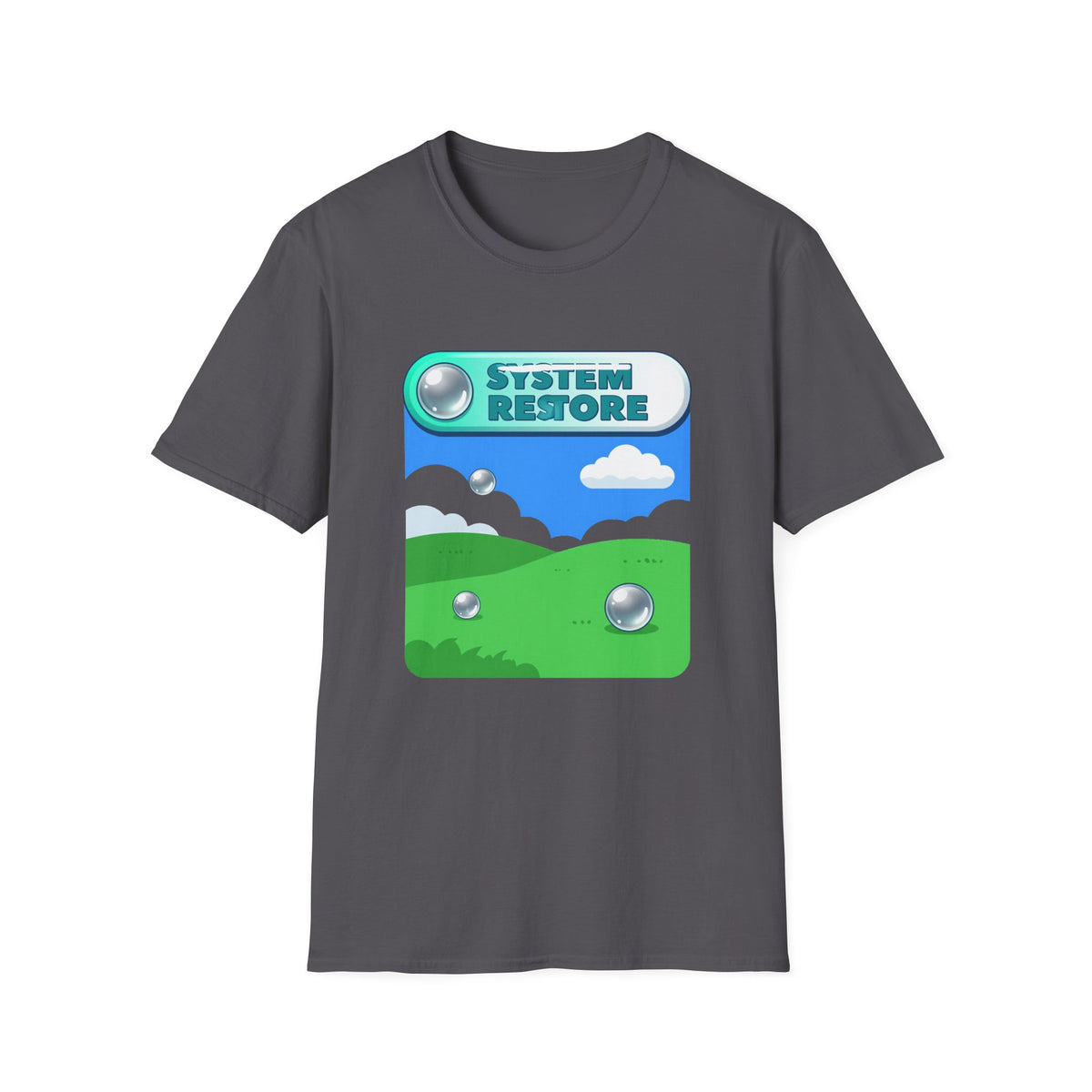 'System Restore' Frutiger Aero Graphic Tee, Y2K Chrome Nostalgia