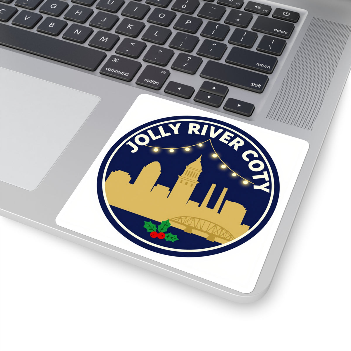 'Jolly River City' Richmond Skyline Holiday Sticker, 3in Kiss-Cut