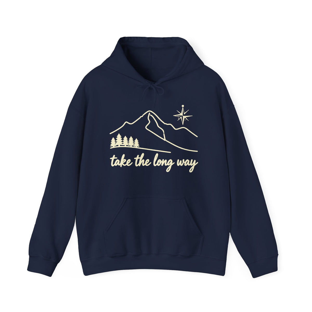 Take The Long Way Trail Line-Art Hoodie - Earthy Olive Adventure Graphic