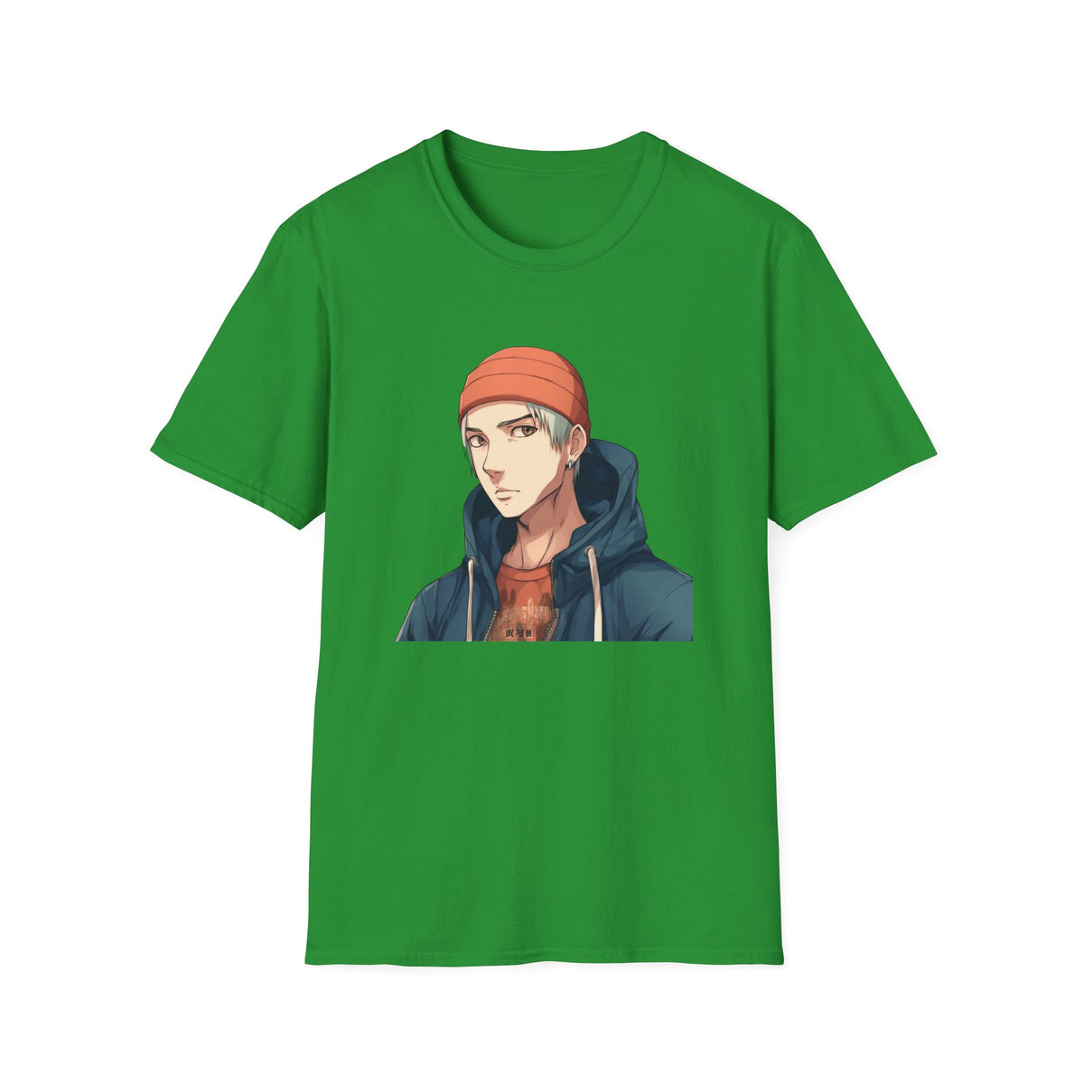 Anime Urban Character Orange Beanie Graphic Tee, Black DTF Print