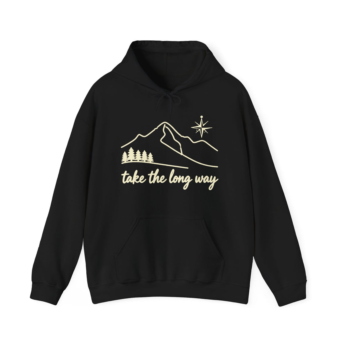Take The Long Way Trail Line-Art Hoodie - Earthy Olive Adventure Graphic