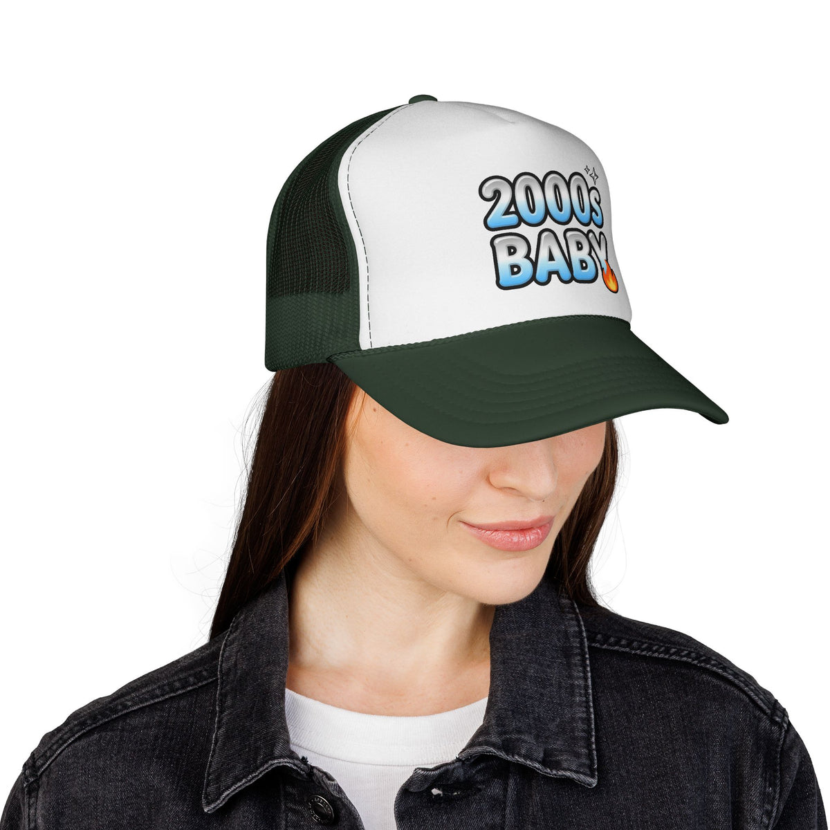 Y2K Bubble Bliss Trucker Hat - Chrome Gradient '2000s Baby' Graphic