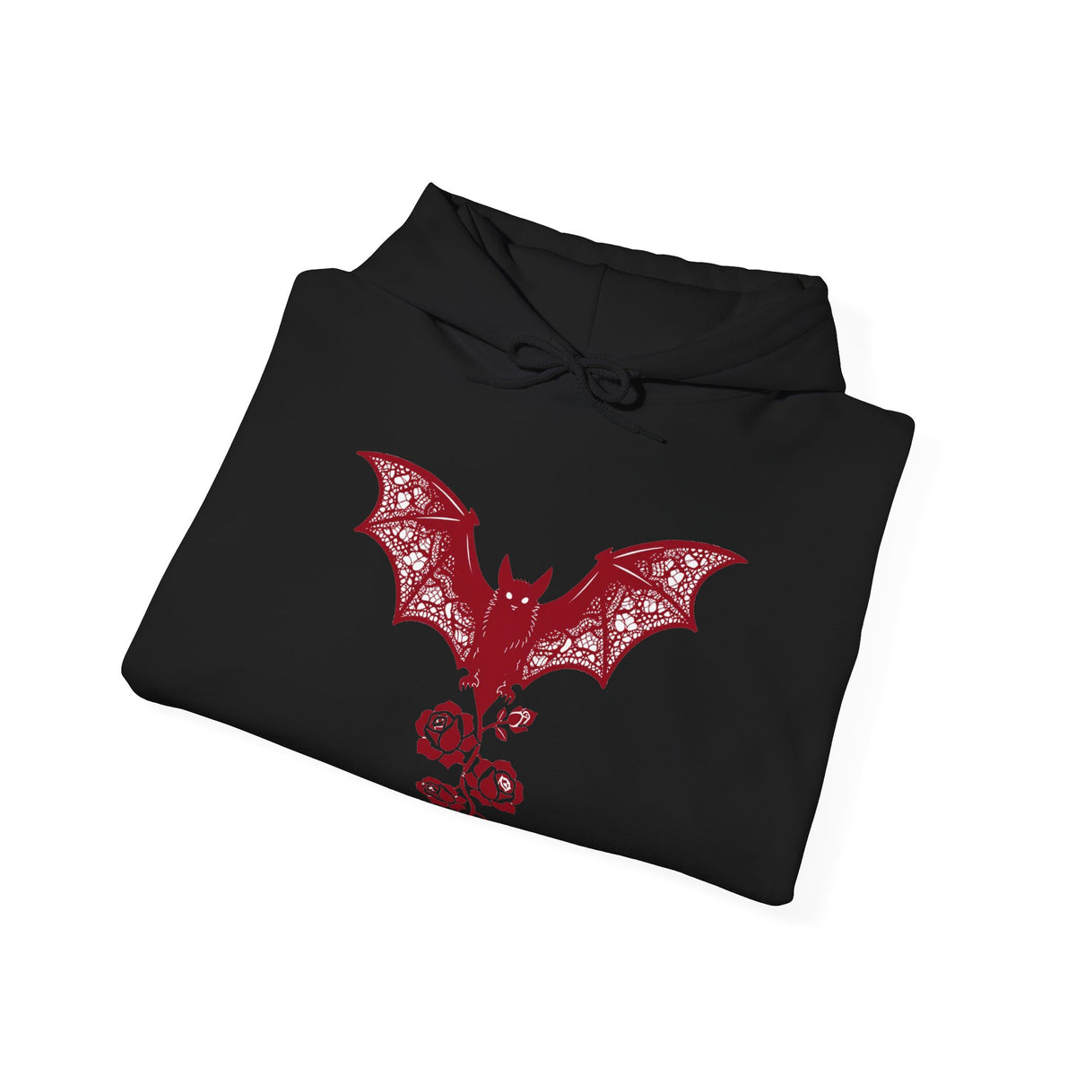 Crimson Lace Gothic Bat & Rose DTF Hoodie, Black Unisex