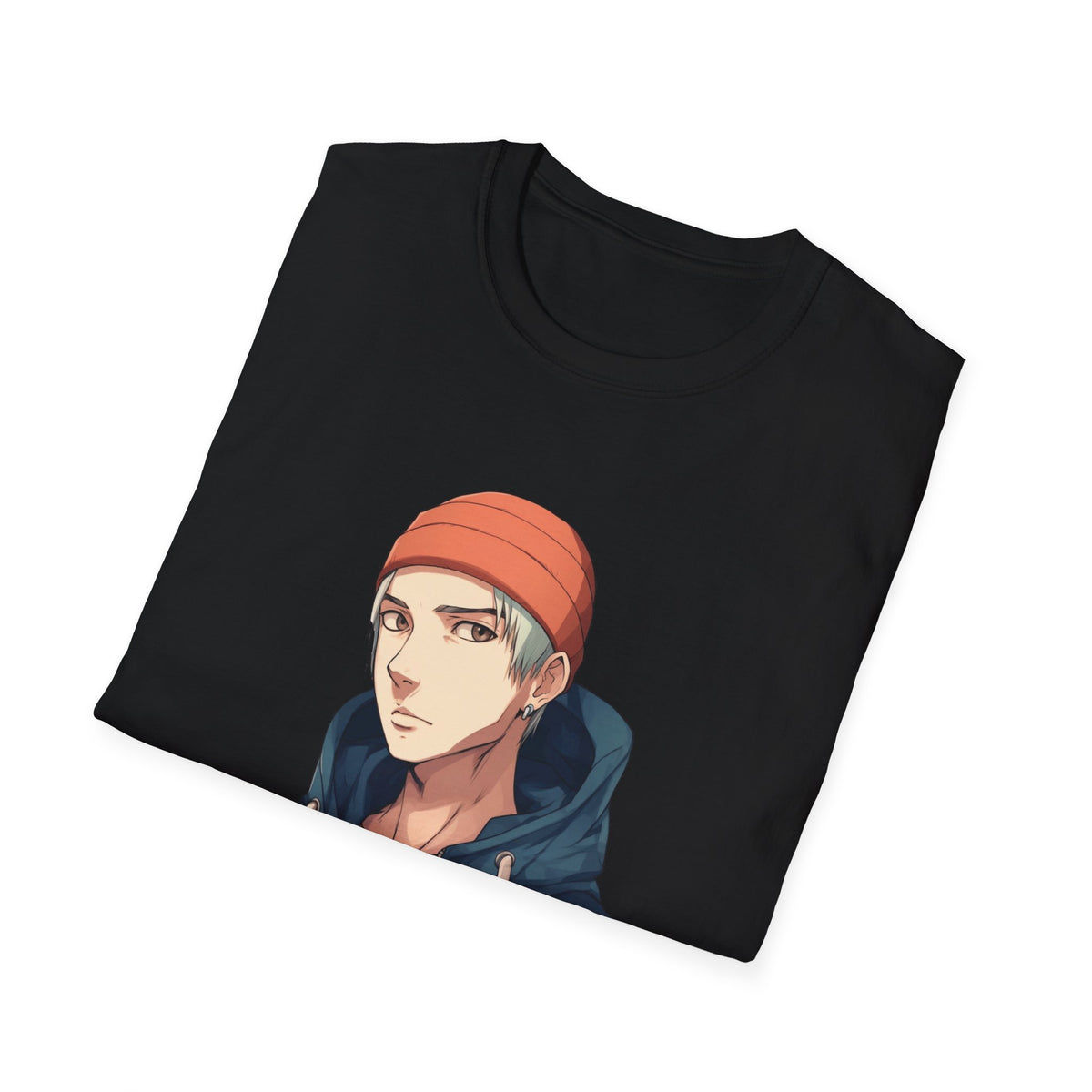 Anime Urban Character Orange Beanie Graphic Tee, Black DTF Print