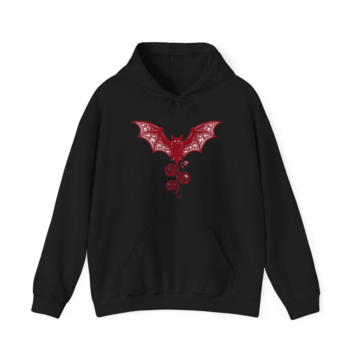 Crimson Lace Gothic Bat & Rose DTF Hoodie, Black Unisex