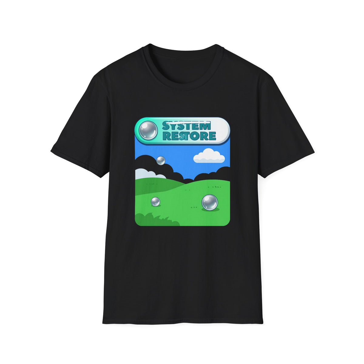'System Restore' Frutiger Aero Graphic Tee, Y2K Chrome Nostalgia