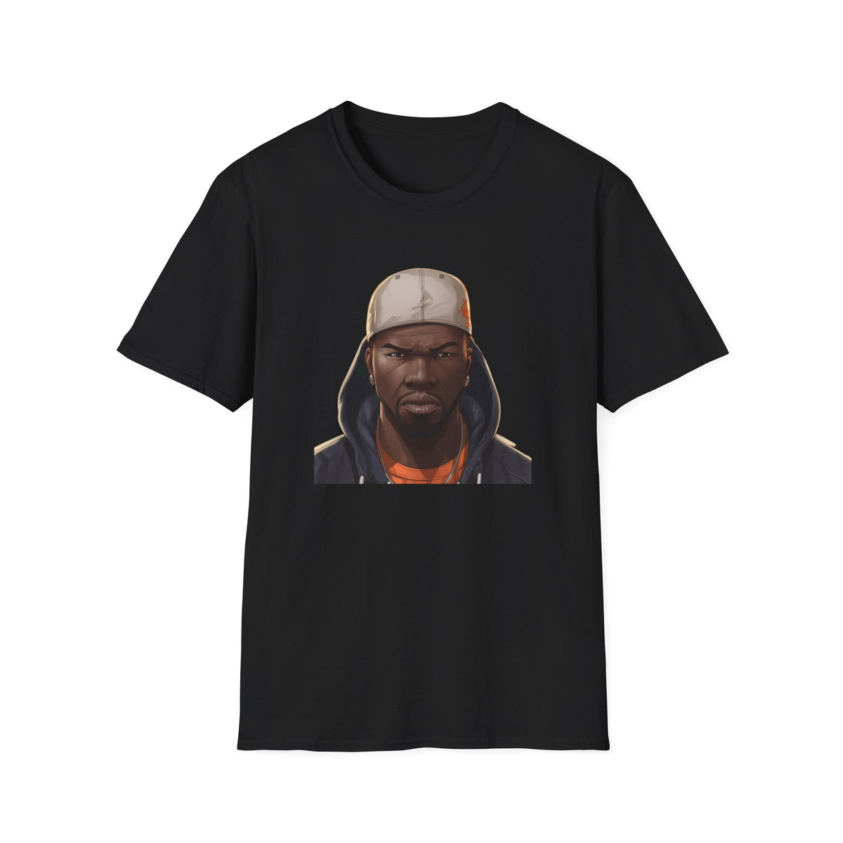 Hip Hop Artist Cartoon Portrait Graphic Tee, Black Streetwear Shirt