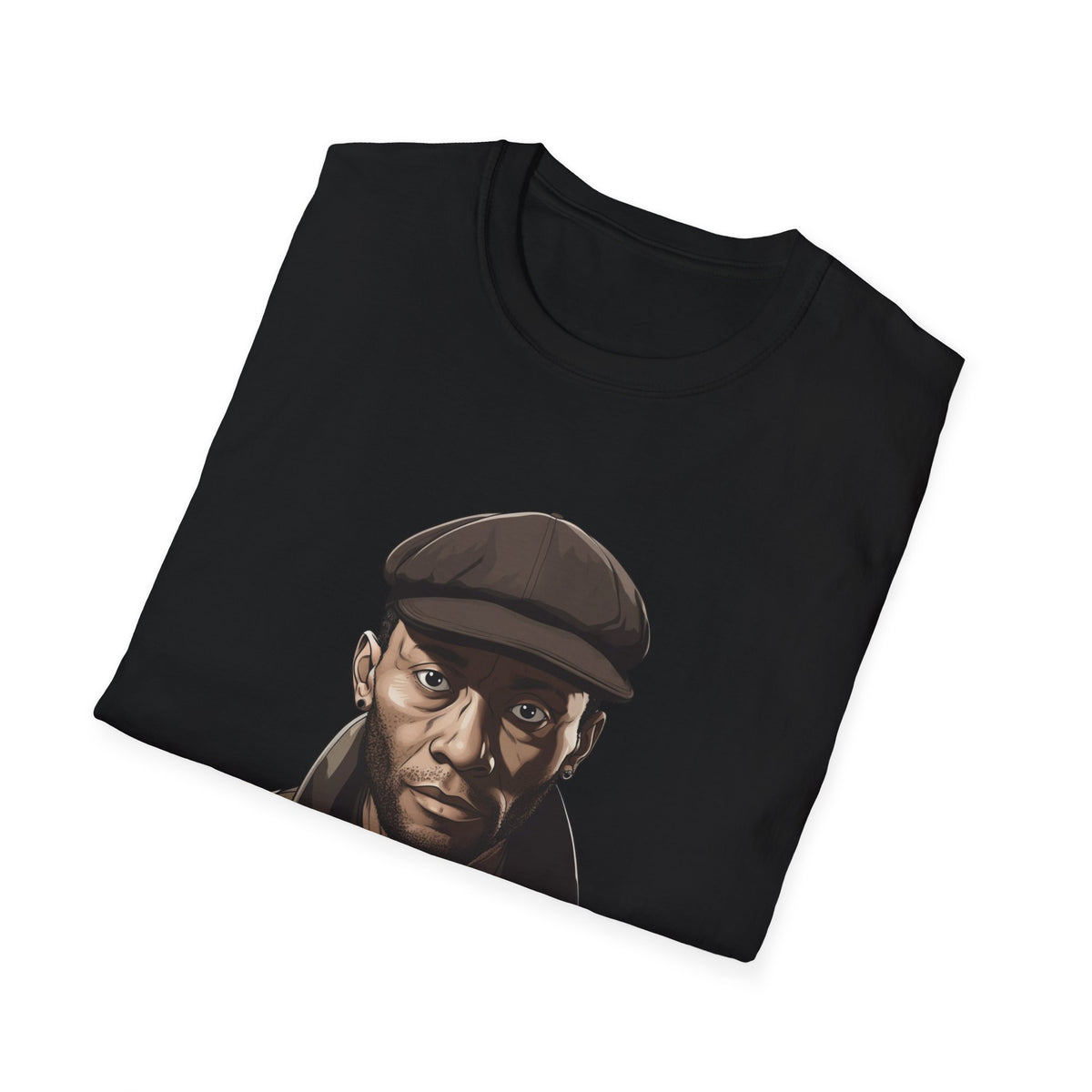 Hip Hop Portrait Newsboy Cap Graphic Tee, Black Streetwear Shirt