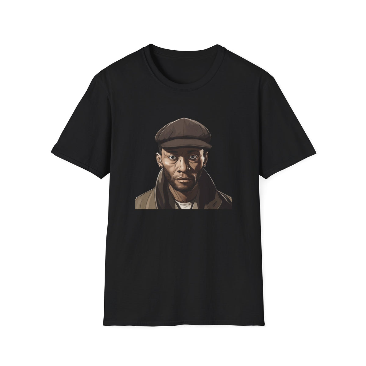 Hip Hop Portrait Newsboy Cap Graphic Tee, Black Streetwear Shirt