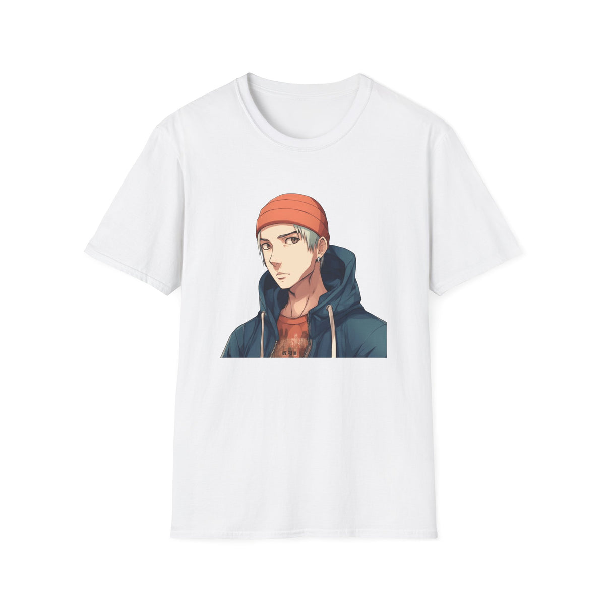 Anime Urban Character Orange Beanie Graphic Tee, Black DTF Print