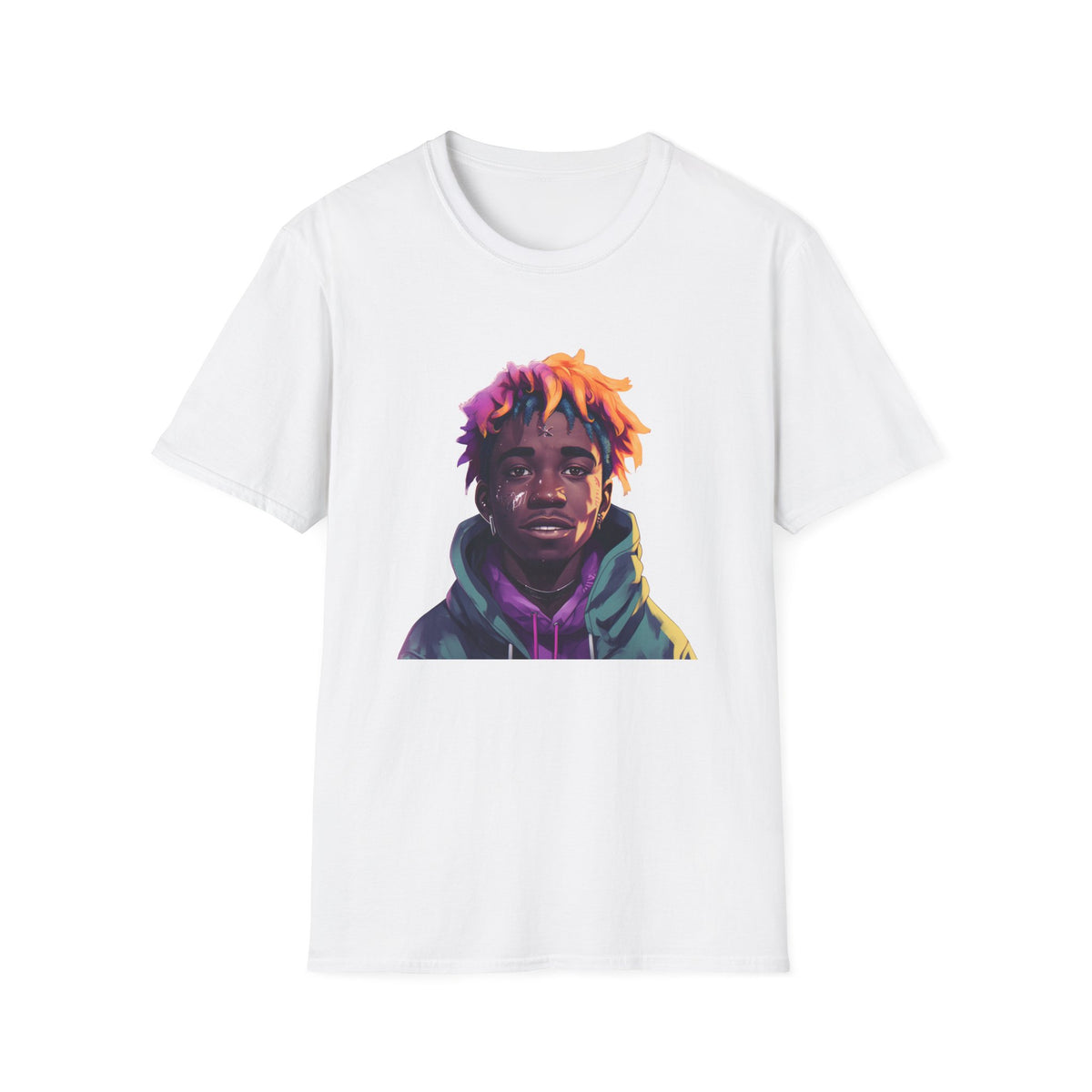Urban Street Art Portrait Graphic Tee, Purple-Orange Hair Design