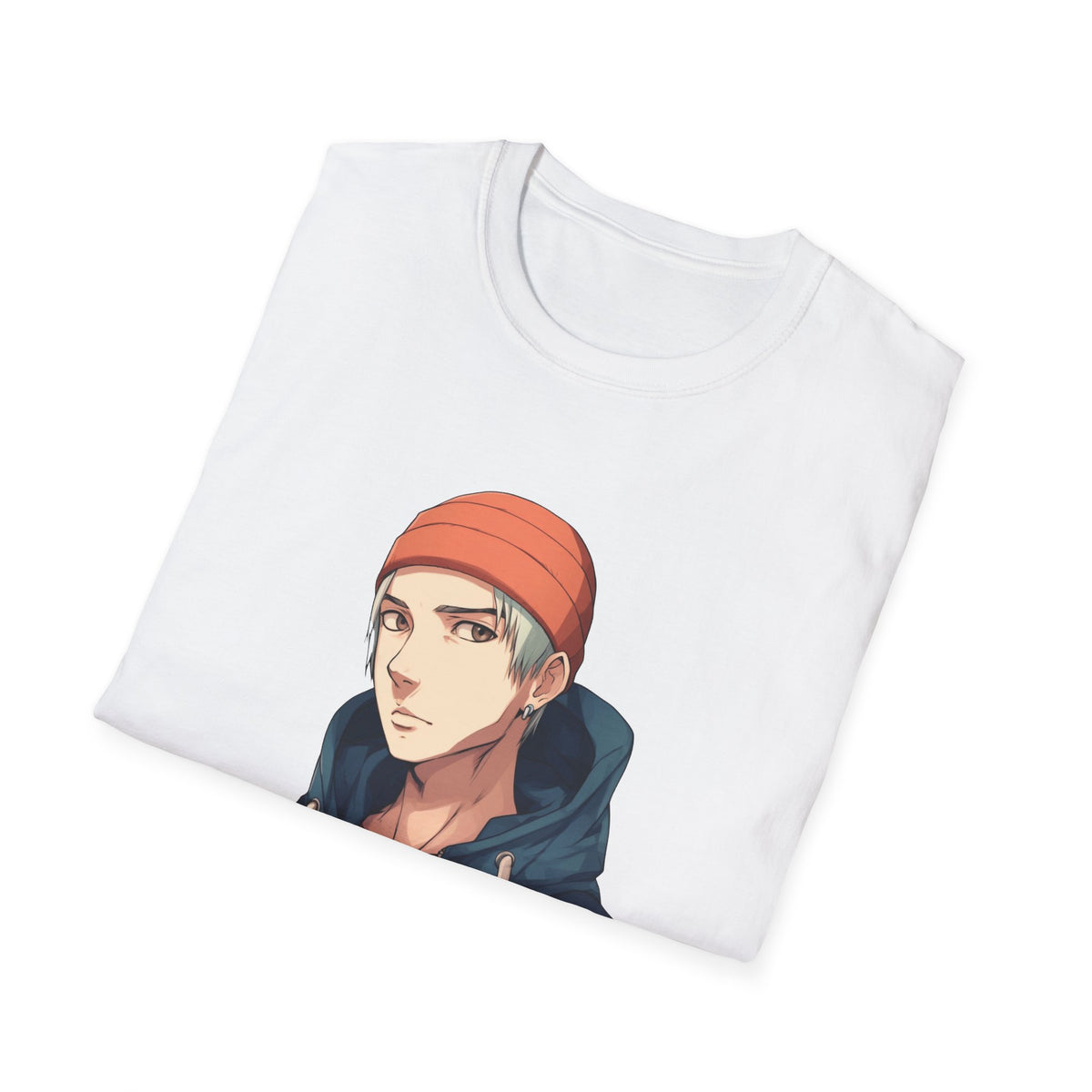 Anime Urban Character Orange Beanie Graphic Tee, Black DTF Print