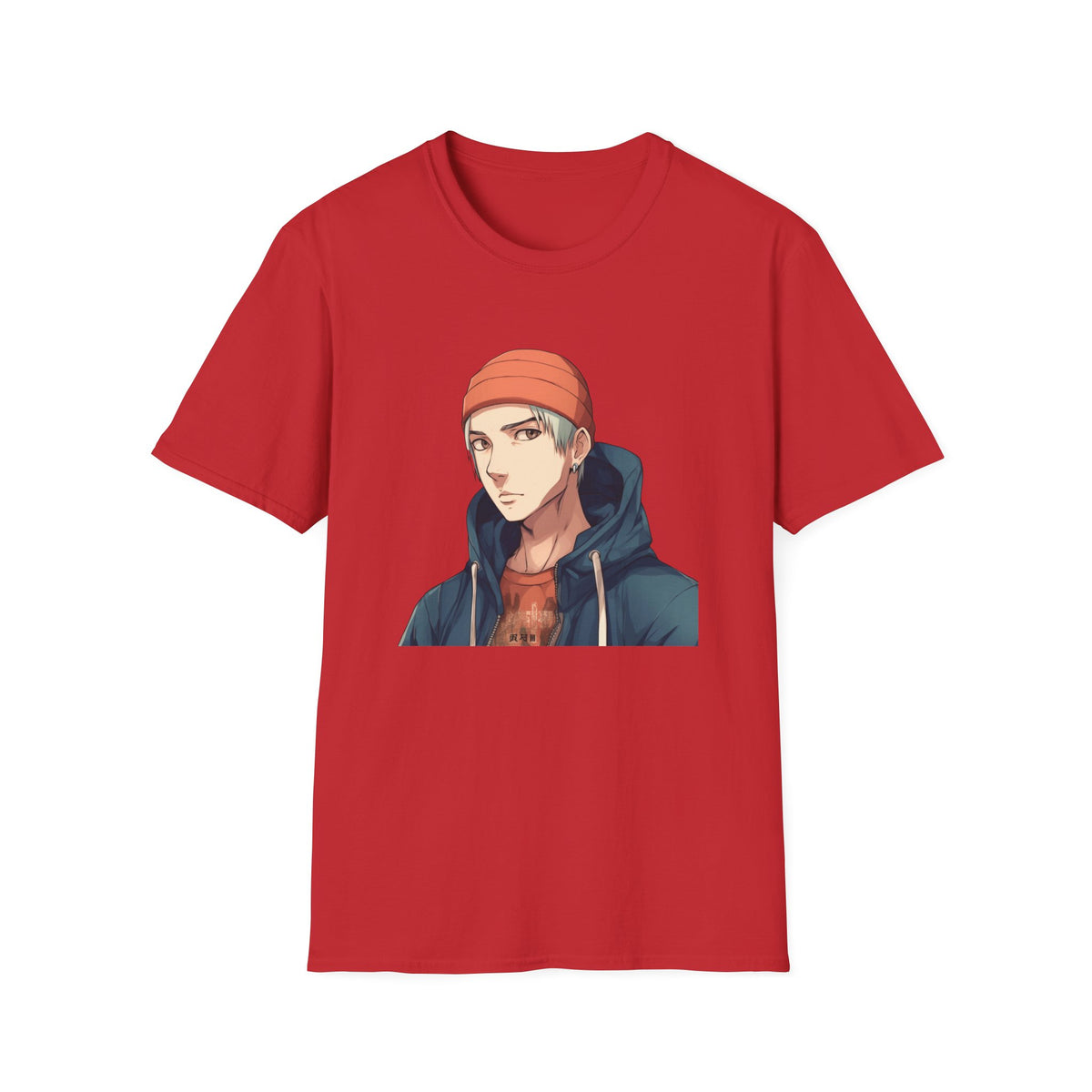 Anime Urban Character Orange Beanie Graphic Tee, Black DTF Print