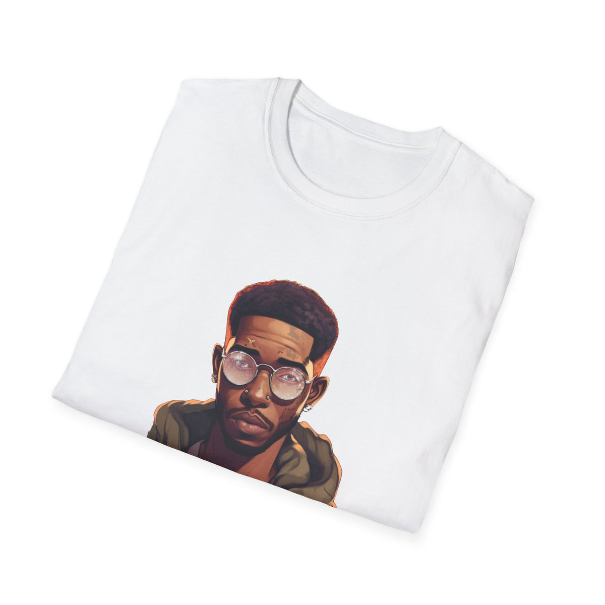Urban Hip-Hop Character Graphic Tee, Round Glasses Portrait Print