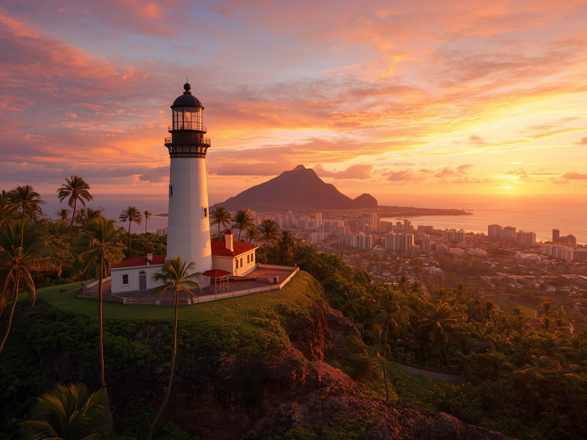 Diamond Head Lighthouse Sunset Metal Print