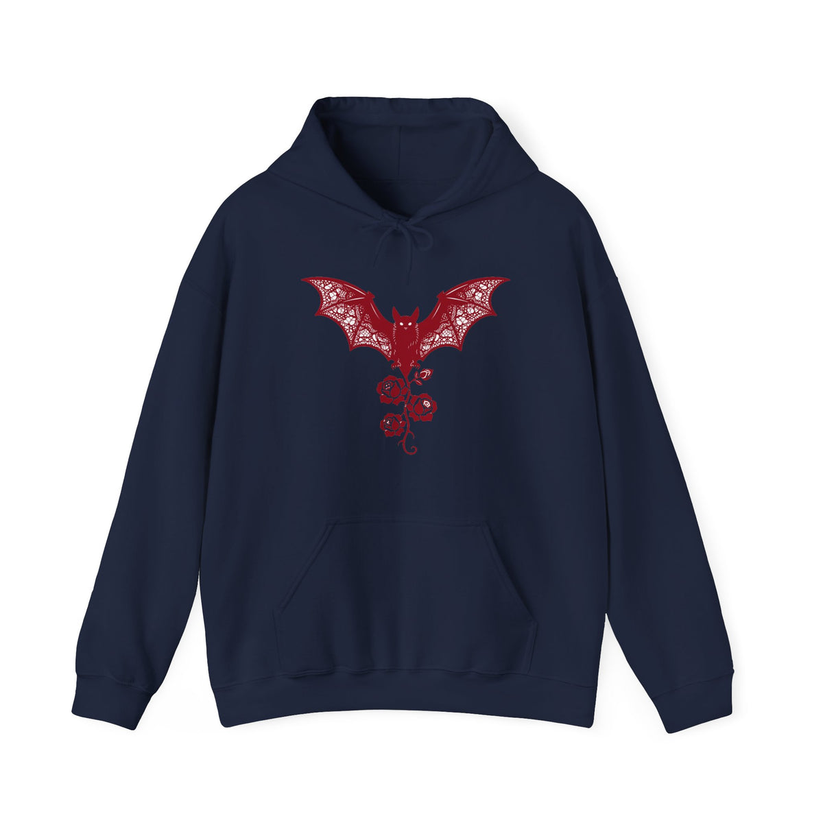 Crimson Lace Gothic Bat & Rose DTF Hoodie, Black Unisex