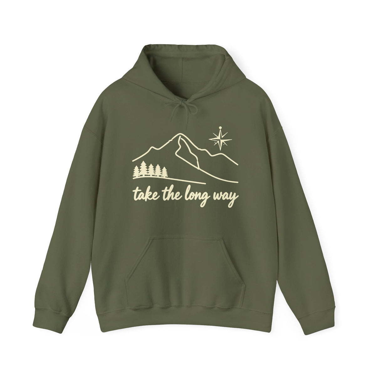 Take The Long Way Trail Line-Art Hoodie - Earthy Olive Adventure Graphic