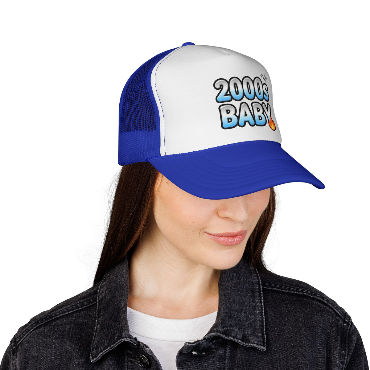 Y2K Bubble Bliss Trucker Hat - Chrome Gradient '2000s Baby' Graphic