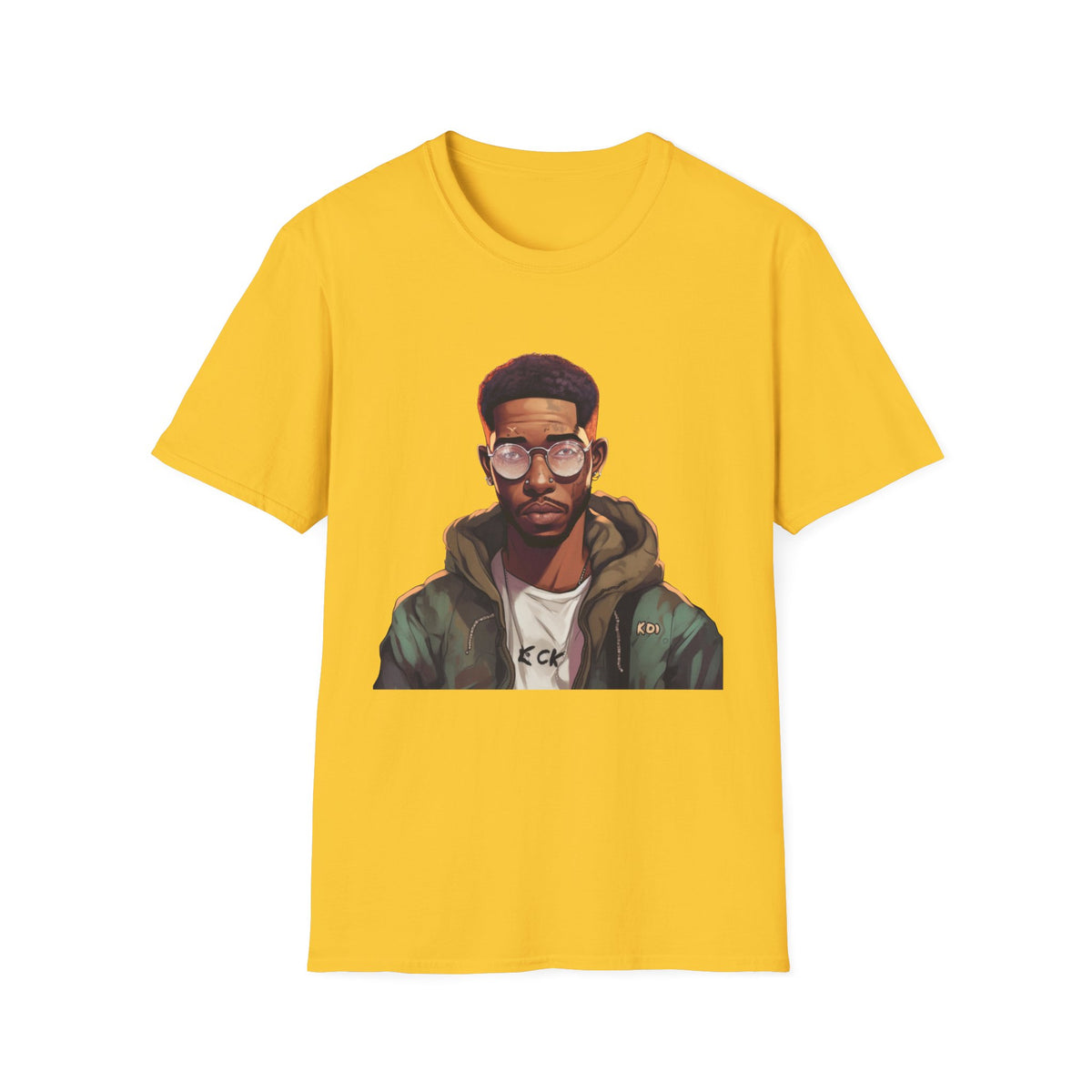 Urban Hip-Hop Character Graphic Tee, Round Glasses Portrait Print
