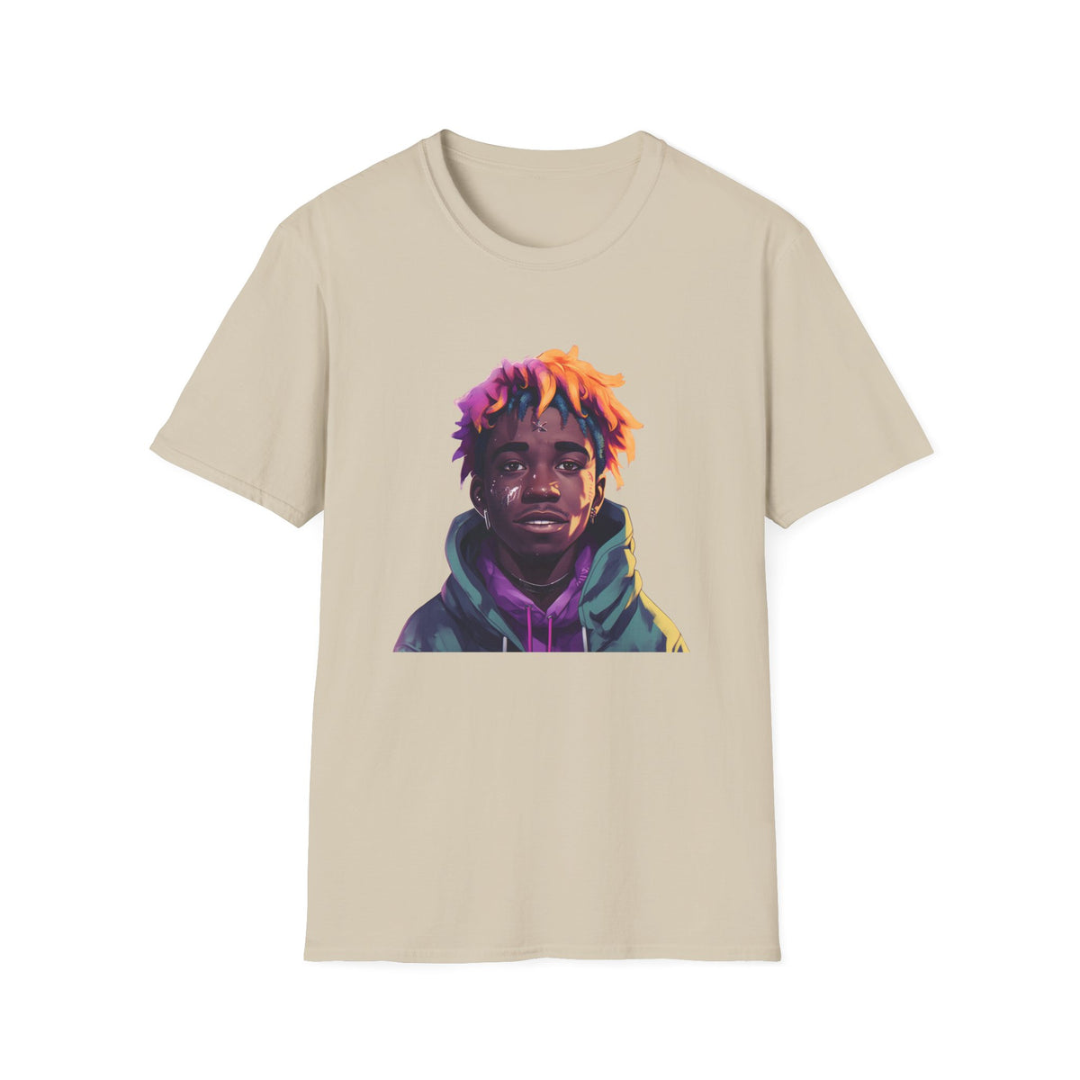 Urban Street Art Portrait Graphic Tee, Purple-Orange Hair Design