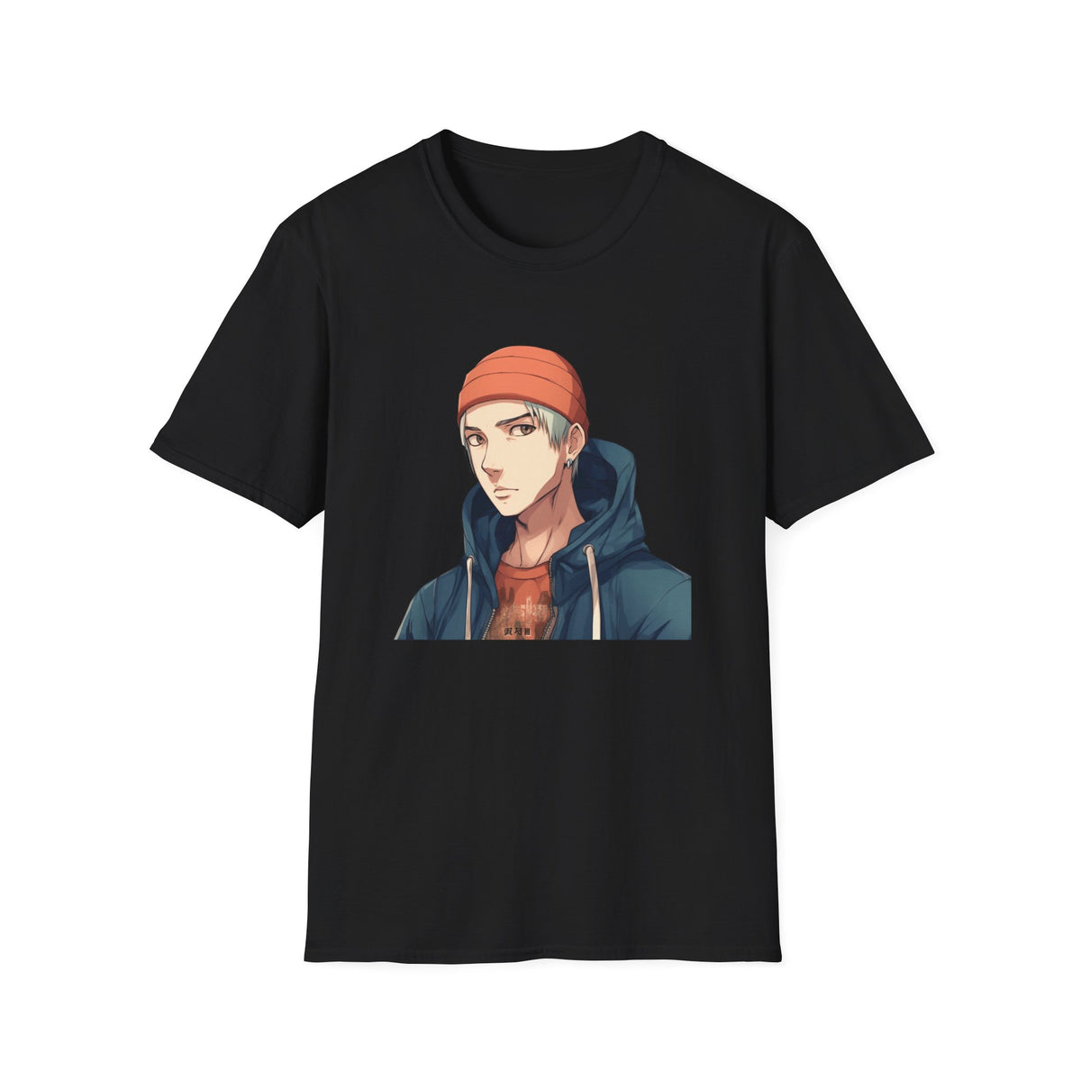 Anime Urban Character Orange Beanie Graphic Tee, Black DTF Print