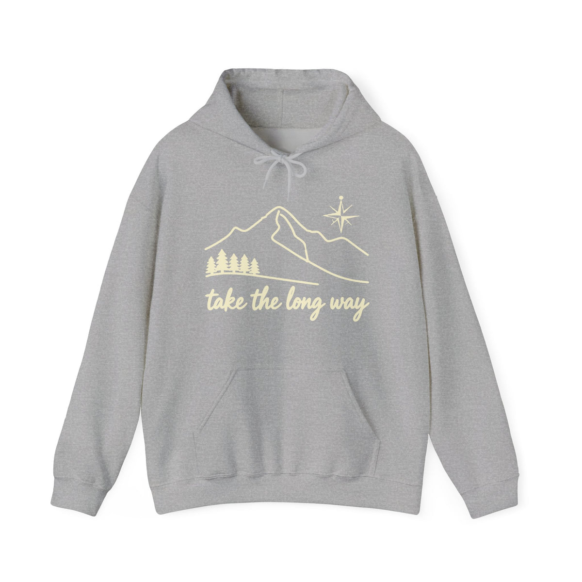 Take The Long Way Trail Line-Art Hoodie - Earthy Olive Adventure Graphic