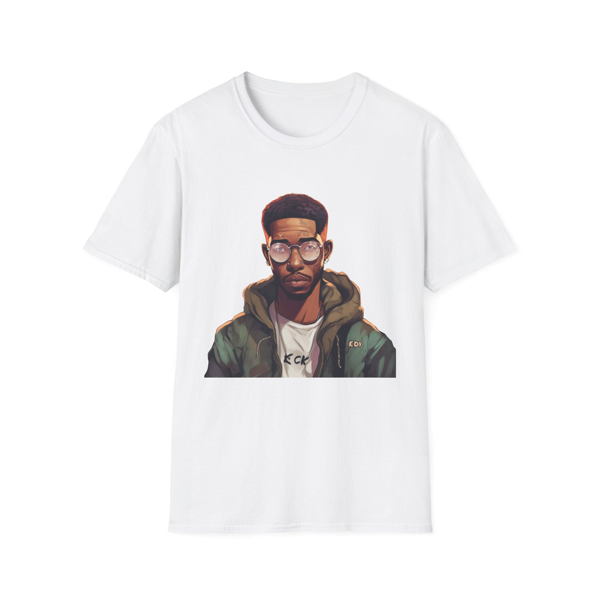 Urban Hip-Hop Character Graphic Tee, Round Glasses Portrait Print