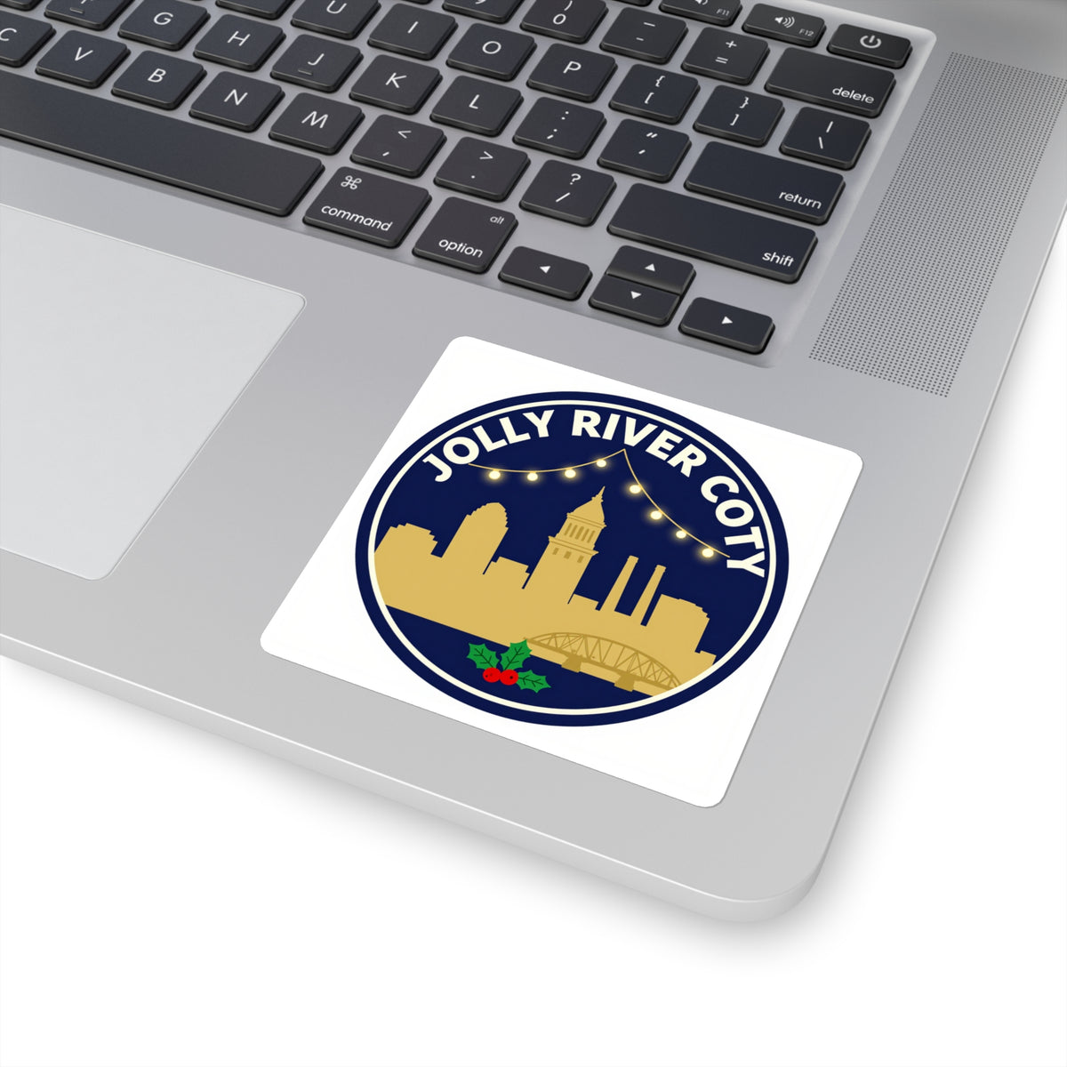 'Jolly River City' Richmond Skyline Holiday Sticker, 3in Kiss-Cut