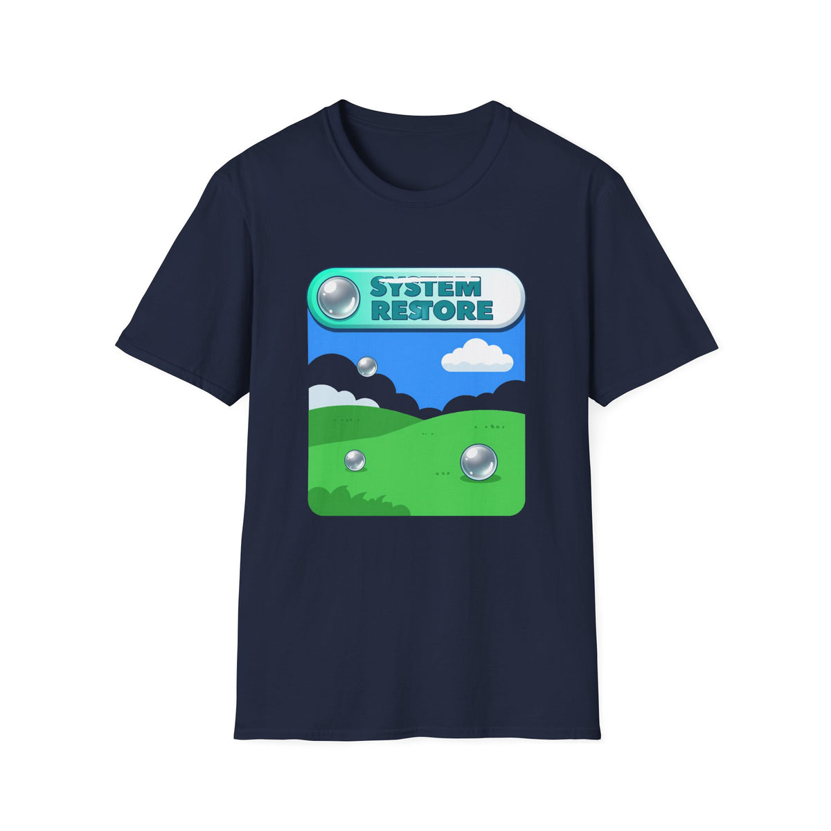 'System Restore' Frutiger Aero Graphic Tee, Y2K Chrome Nostalgia