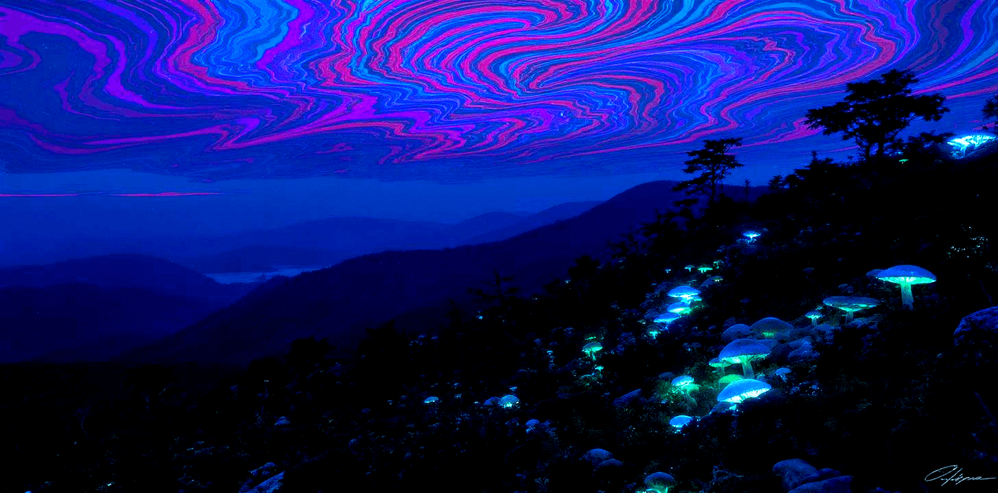 Flux-kontext-max Photography Of Ultra-wide Panoramic Blue Ridge Mountains With Bioluminescent Myc-0