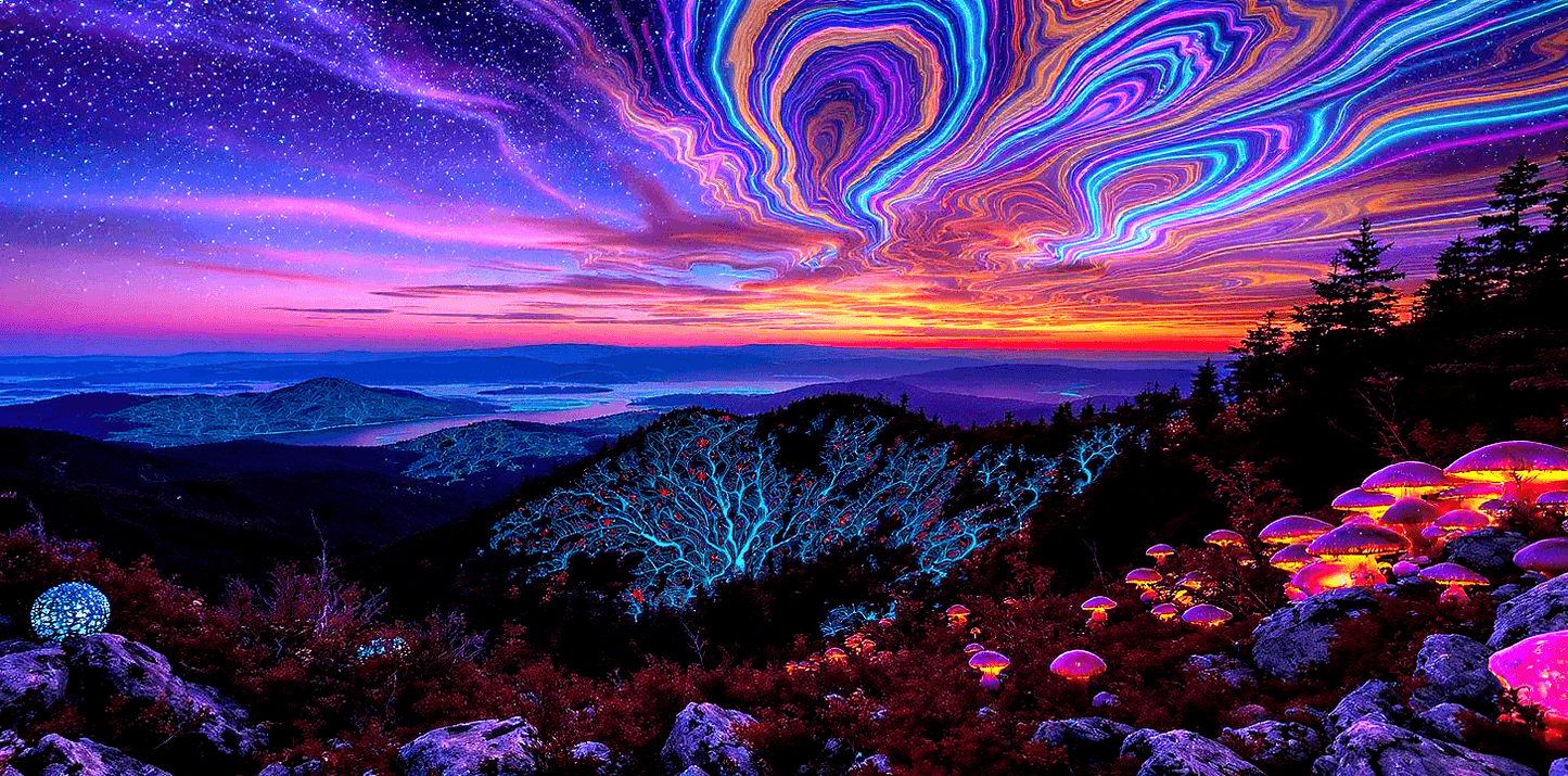Flux-kontext-max Photography Of Ultra-wide Panoramic Blue Ridge Mountains With Bioluminescent Myc-1