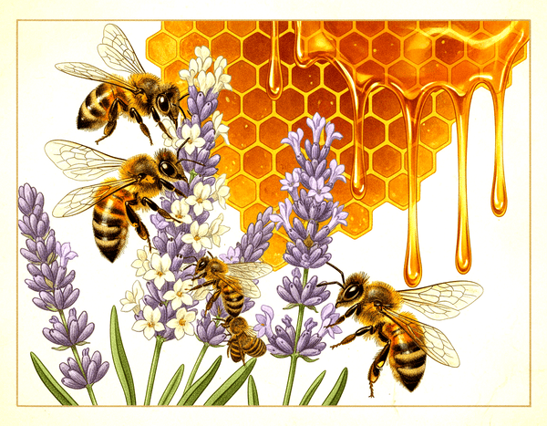 Gemini-2 5-flash-image Detailed Illustration Of Honeybees On Lavender Flowers Intricate Honeycomb Patte-0