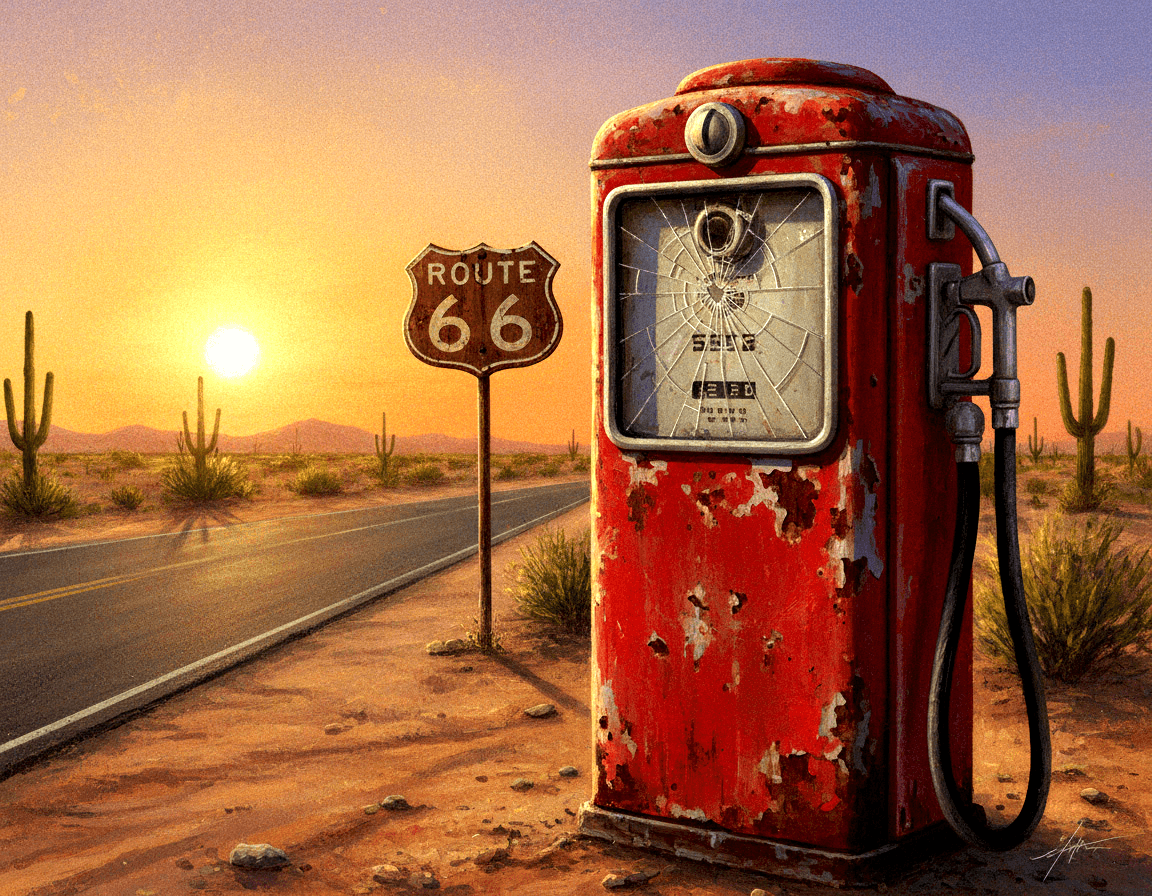 Gemini-2 5-flash-image Weathered 1940s Gas Pump With Cracked Glass And Faded Red Paint Rusty Patina Det-3