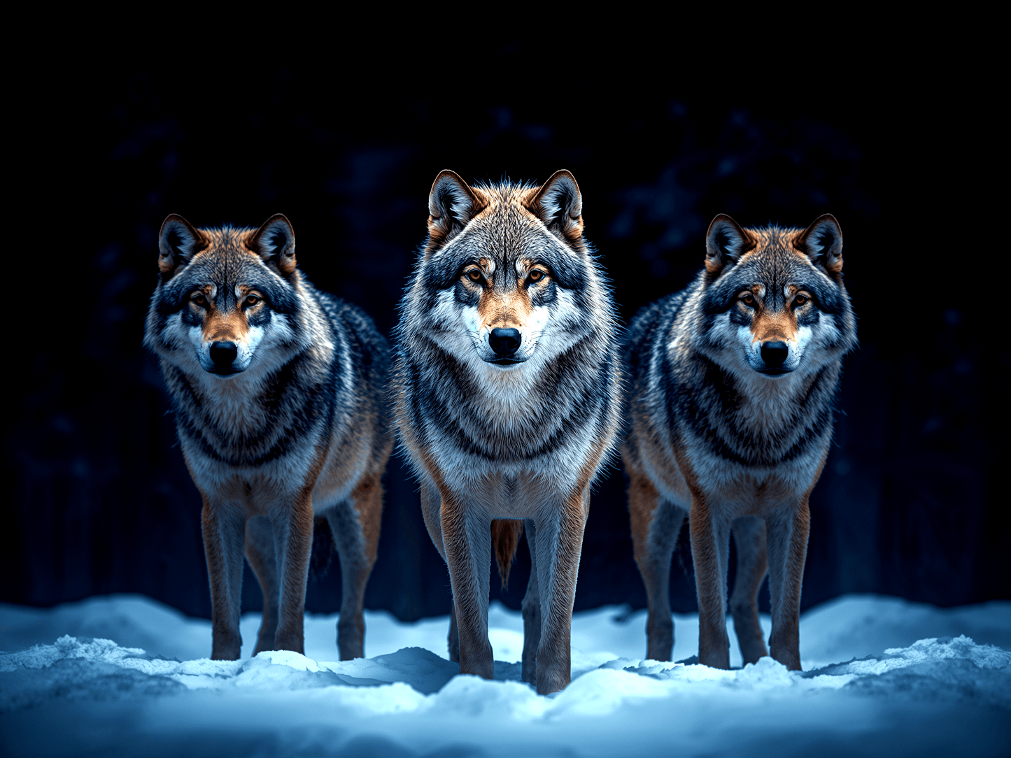 Three wolves standing alert