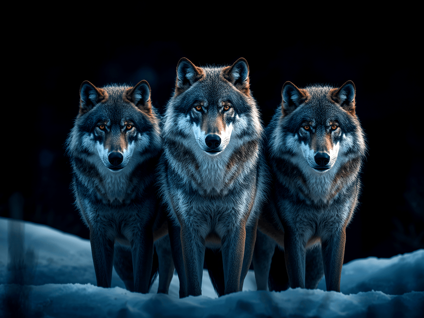 Three wolves standing alert
