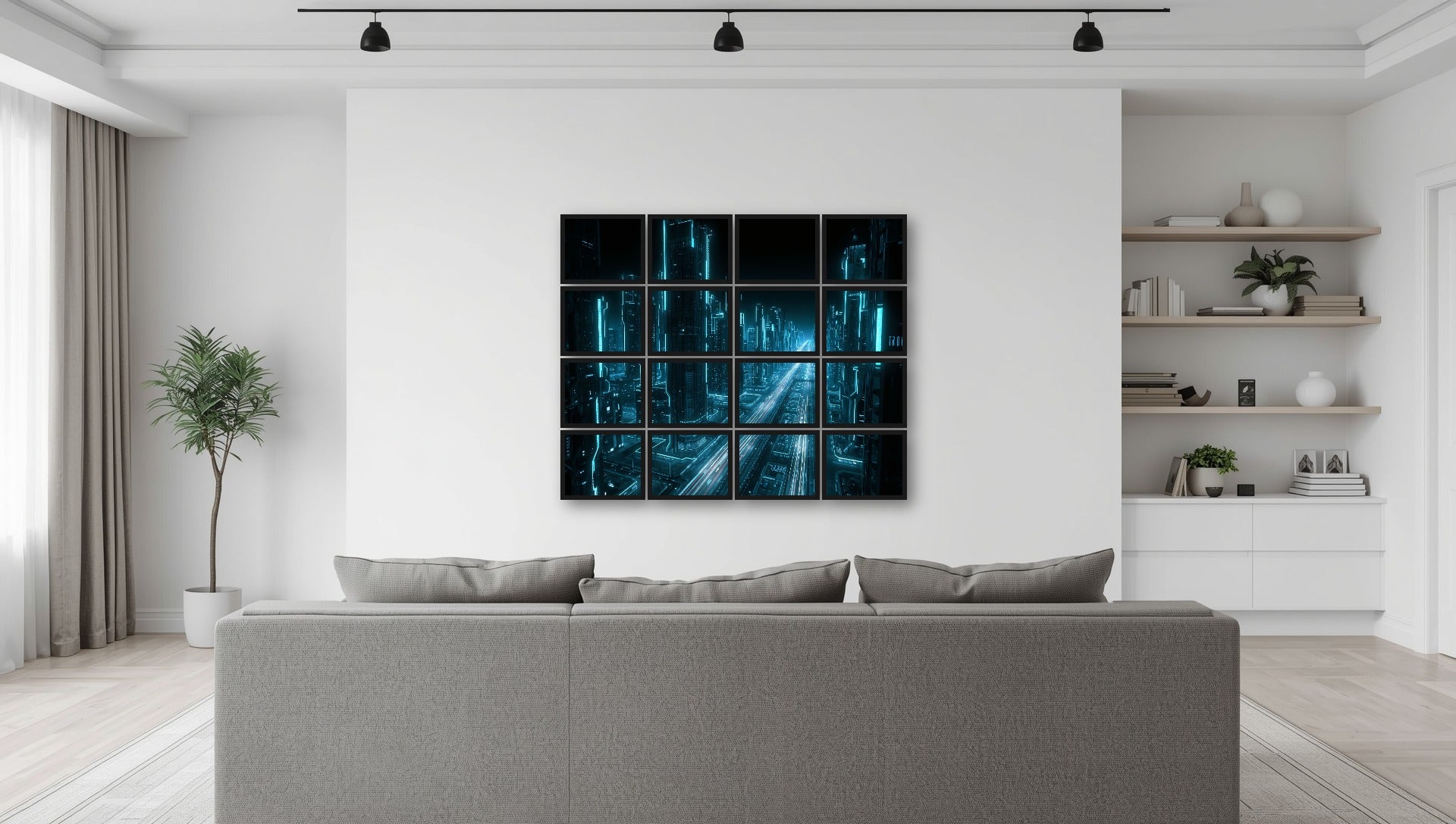 Futuristic Cyberpunk City Metal Print Wall Art - Neon Blue Tech Decor