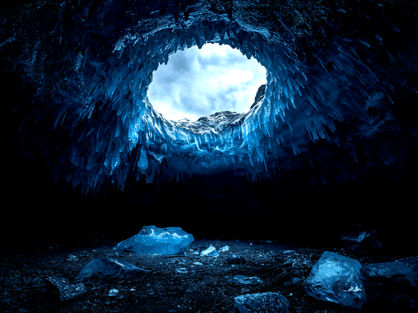 the inside of a dark ice cav